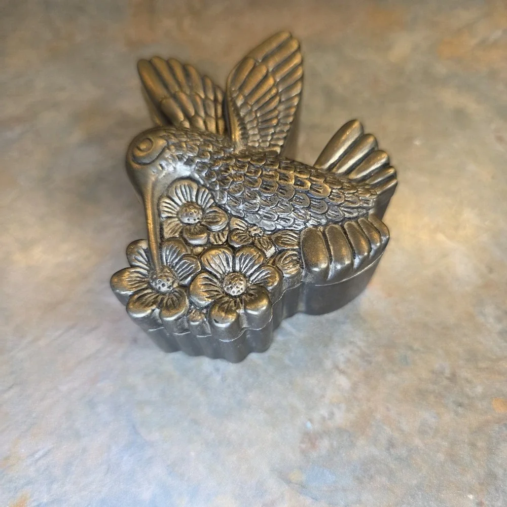 Vintage Silver Plated Hummingbird Trinket Box Lined Bird Garden